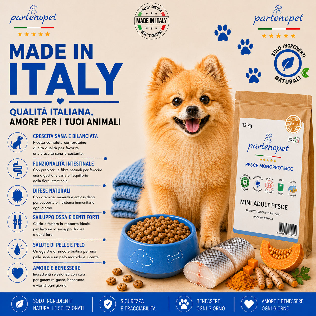Partenopet Adult Mini Monoproteico Pesce e Zucca Crocchette per Cani 100% Naturali 12 kg - Partenopet
