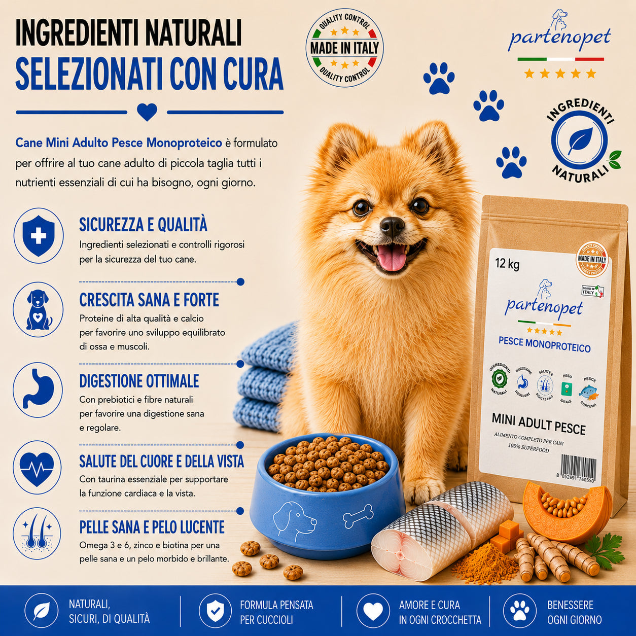 Partenopet Adult Mini Monoproteico Pesce e Zucca Crocchette per Cani 100% Naturali 12 kg - Partenopet