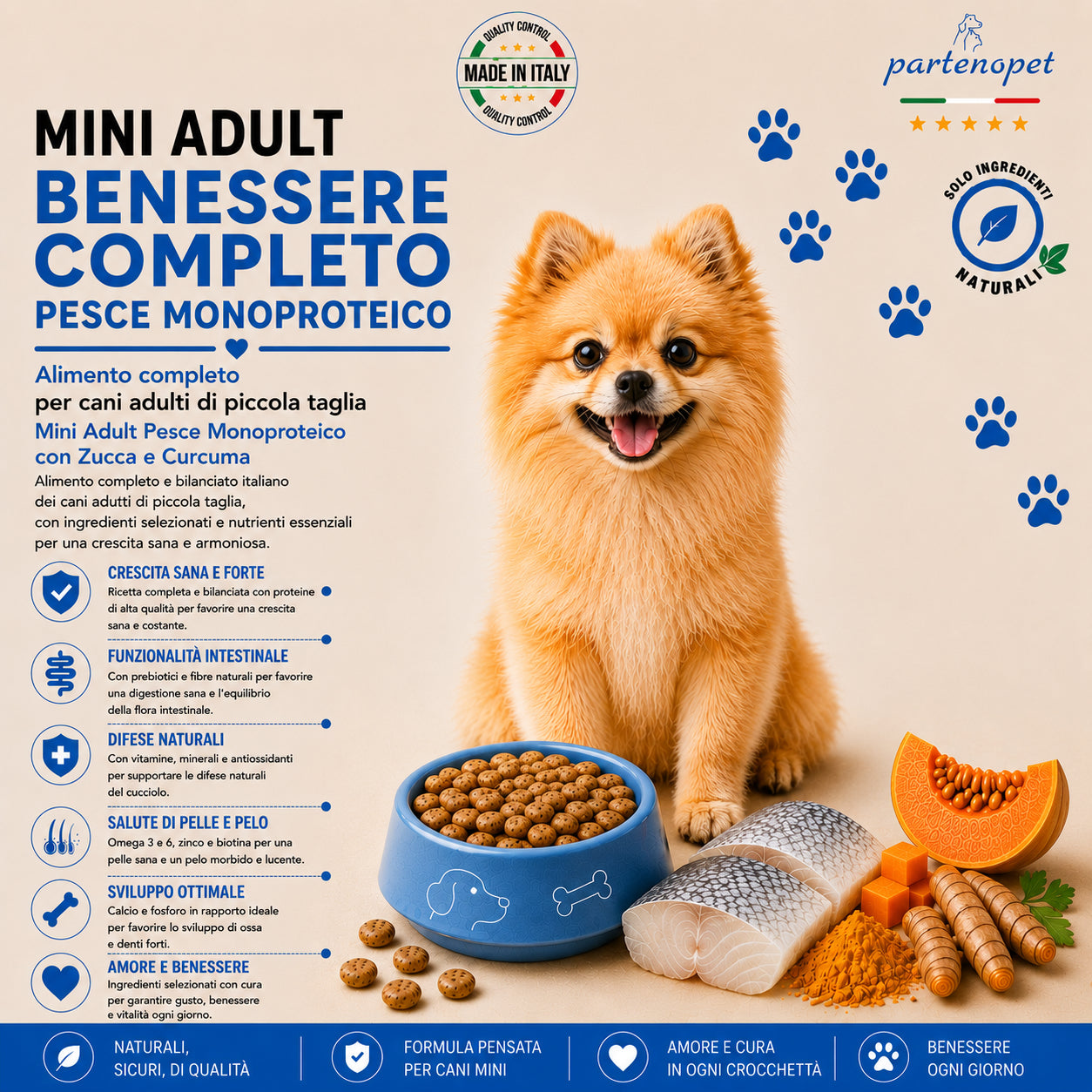 Partenopet Adult Mini Monoproteico Pesce e Zucca Crocchette per Cani 100% Naturali 2 kg - Partenopet