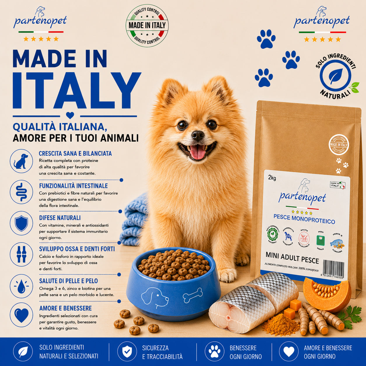 Partenopet Adult Mini Monoproteico Pesce e Zucca Crocchette per Cani 100% Naturali 2 kg - Partenopet