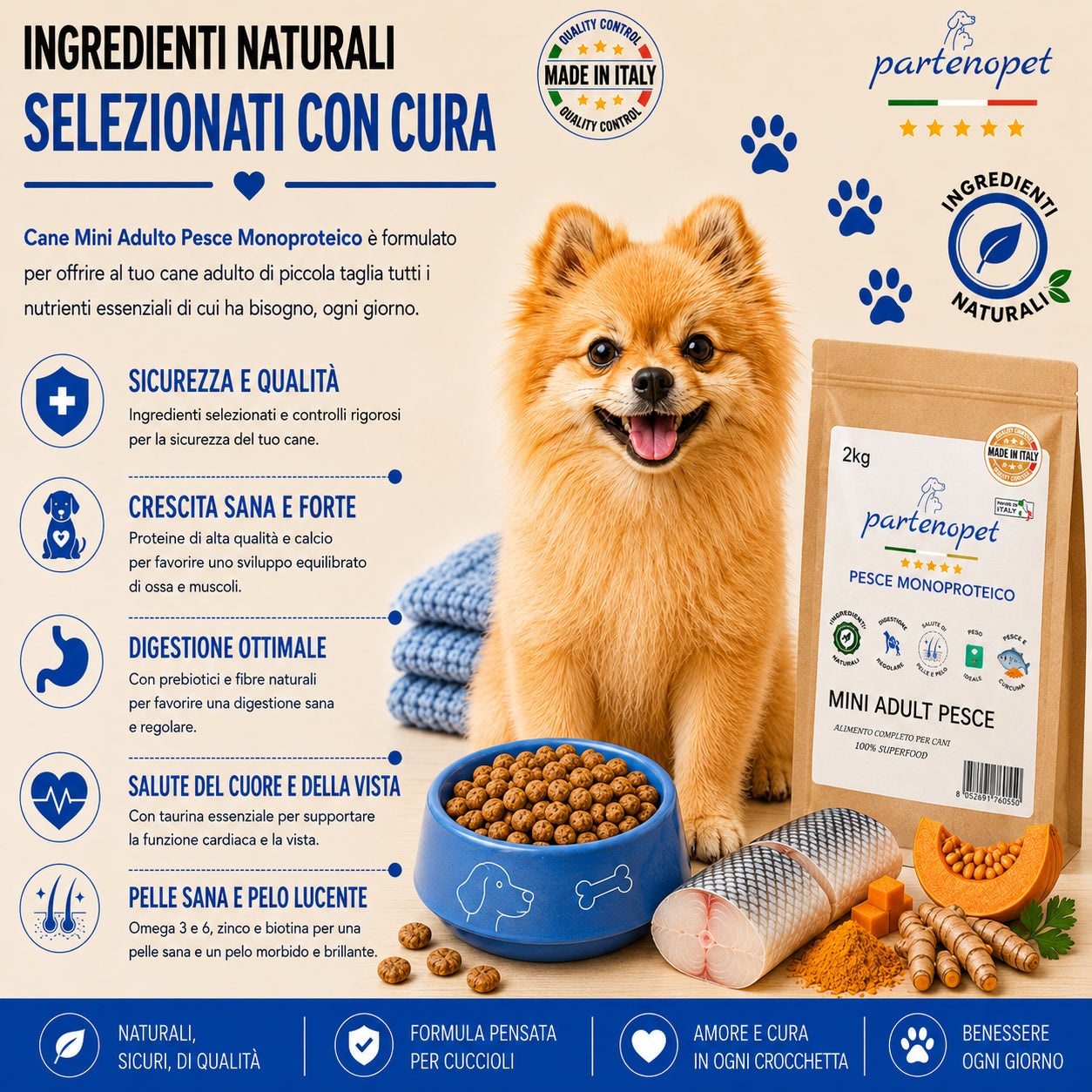 Partenopet Adult Mini Monoproteico Pesce e Zucca Crocchette per Cani 100% Naturali 2 kg - Partenopet