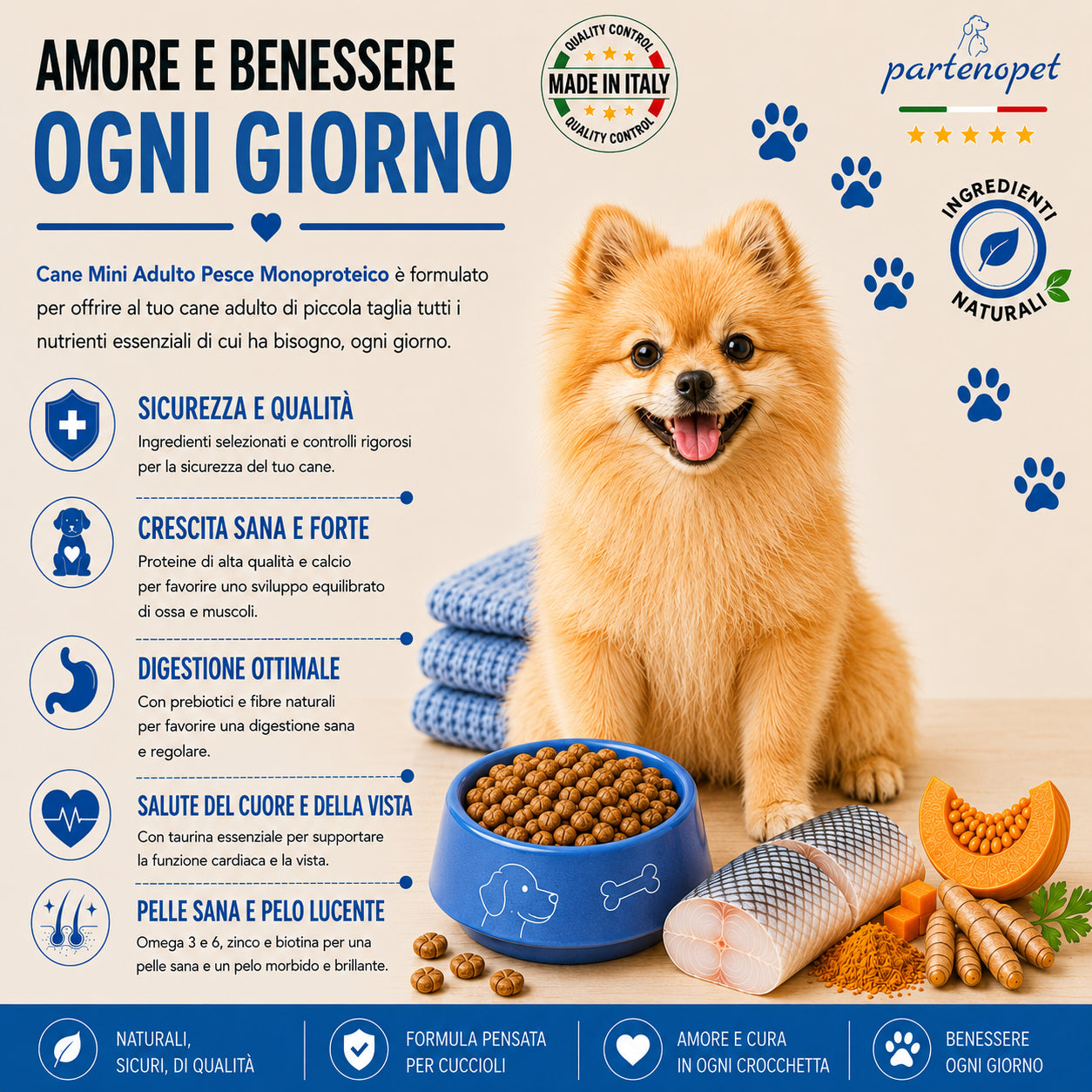 Partenopet Adult Mini Monoproteico Pesce e Zucca Crocchette per Cani 100% Naturali 2 kg - Partenopet