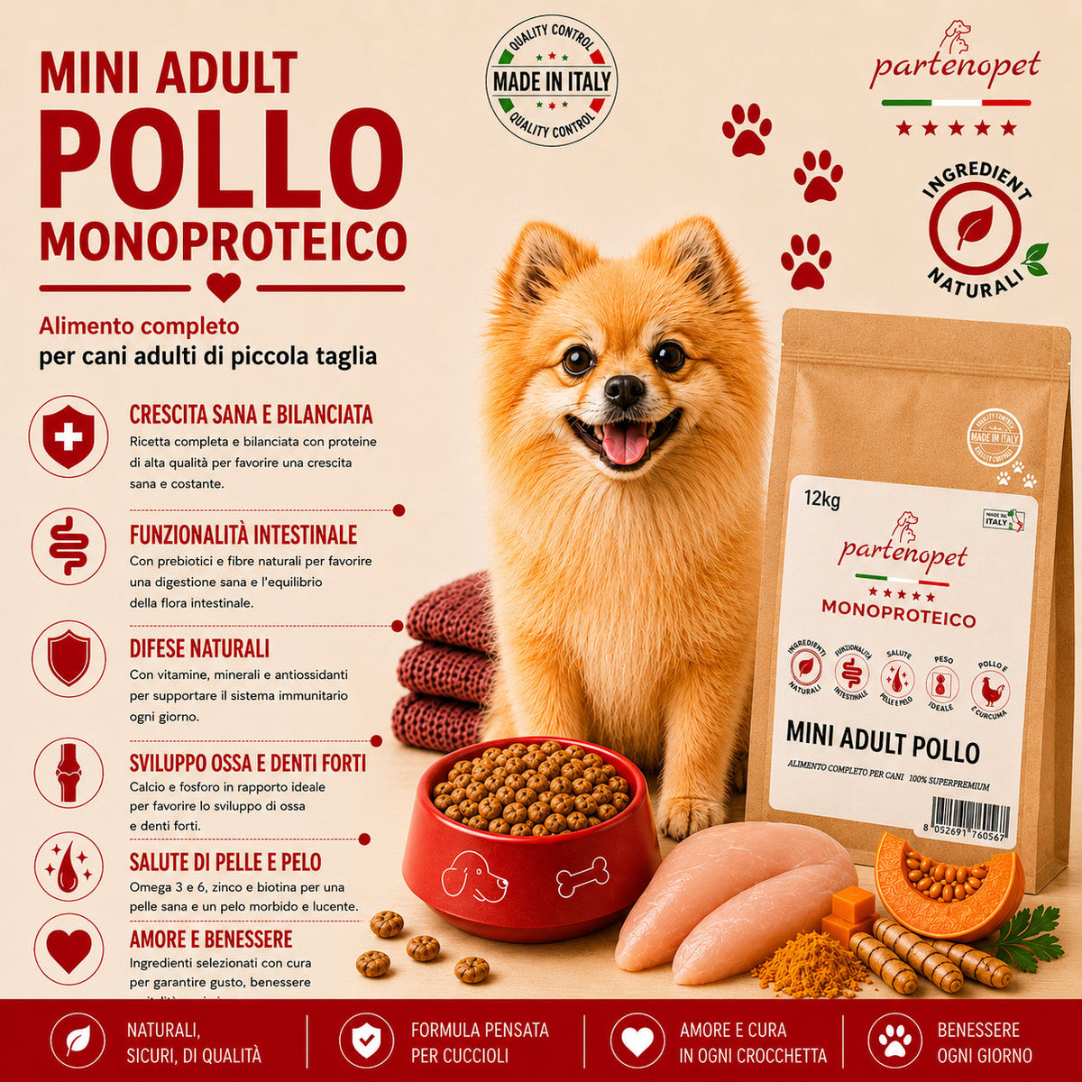 Confezione da 12 kg di crocchette per cani piccoli Partenopet Adult Mini al Pollo e Zucca