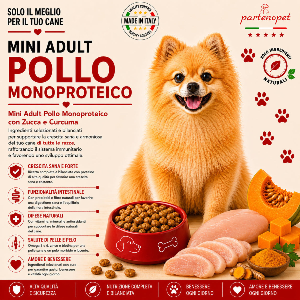 Confezione da 12 kg di crocchette per cani piccoli Partenopet Adult Mini al Pollo e Zucca