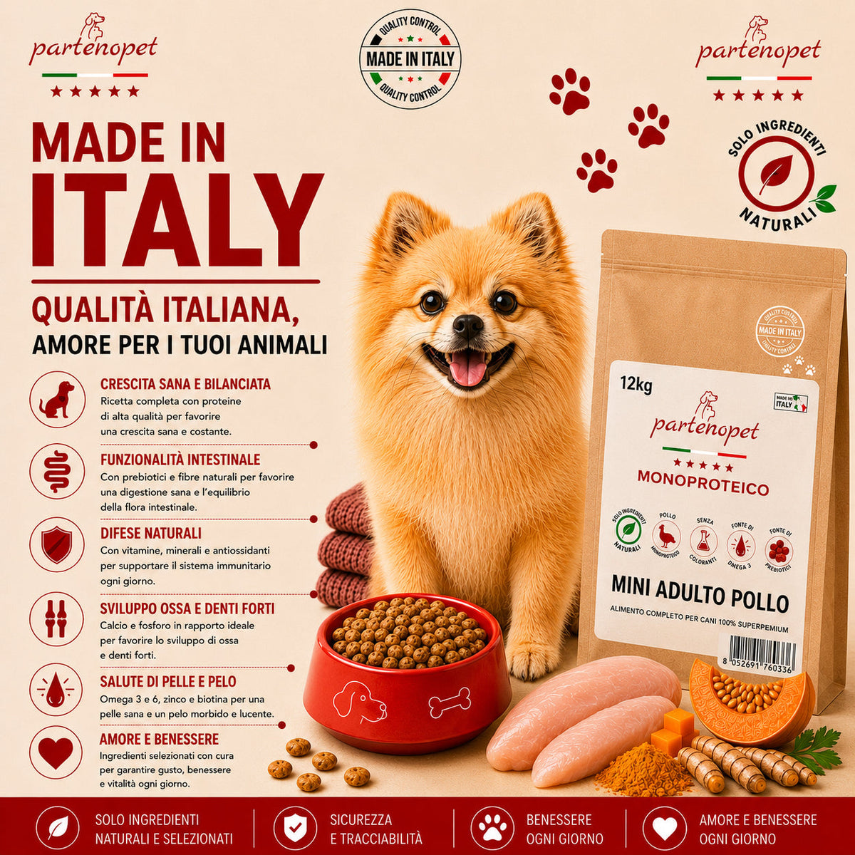 Confezione da 12 kg di crocchette per cani piccoli Partenopet Adult Mini al Pollo e Zucca