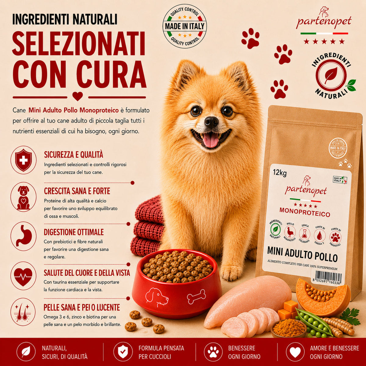 Confezione da 12 kg di crocchette per cani piccoli Partenopet Adult Mini al Pollo e Zucca