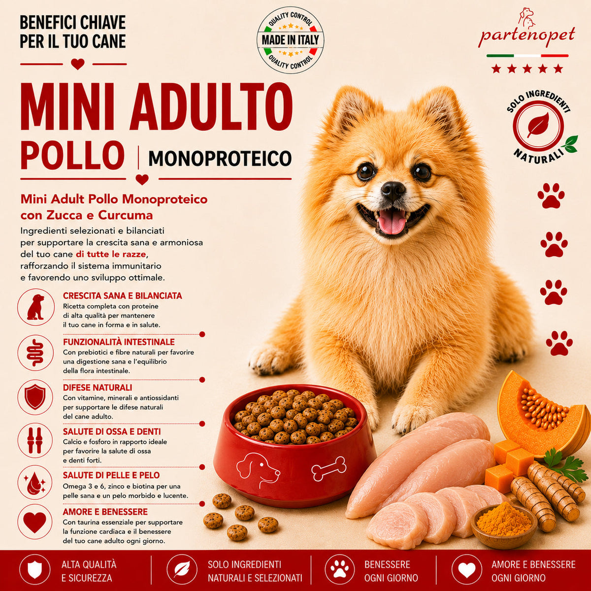 Crocchette Partenopet Adult Mini Pollo e Zucca 2 kg pressate a freddo per cani di piccola taglia