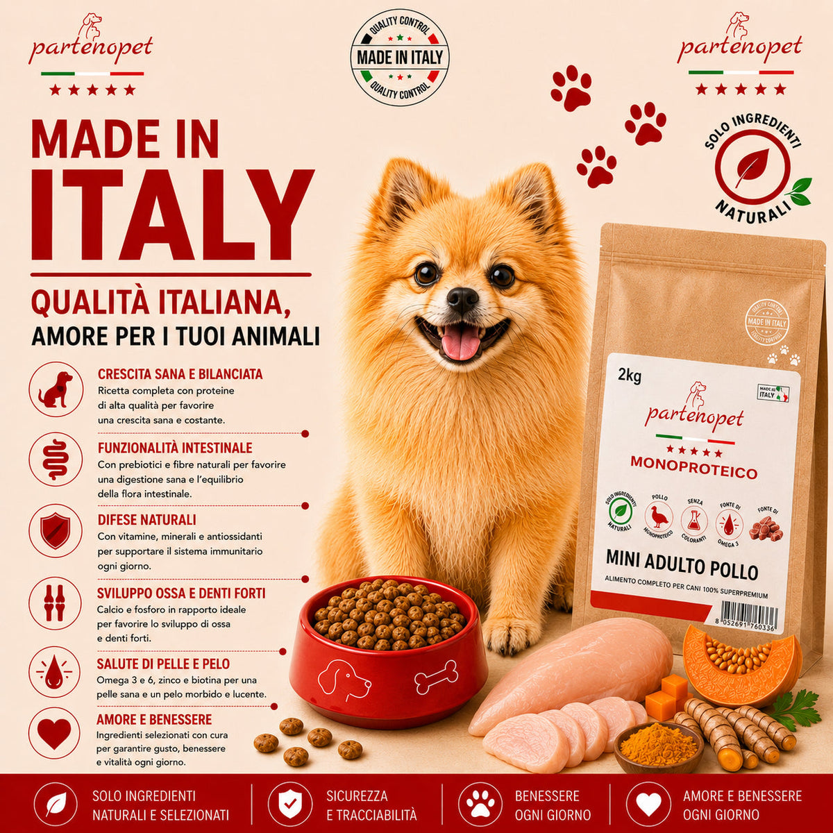 Crocchette Partenopet Adult Mini Pollo e Zucca 2 kg pressate a freddo per cani di piccola taglia