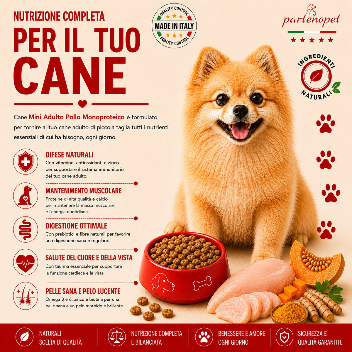Crocchette Partenopet Adult Mini Pollo e Zucca 2 kg pressate a freddo per cani di piccola taglia