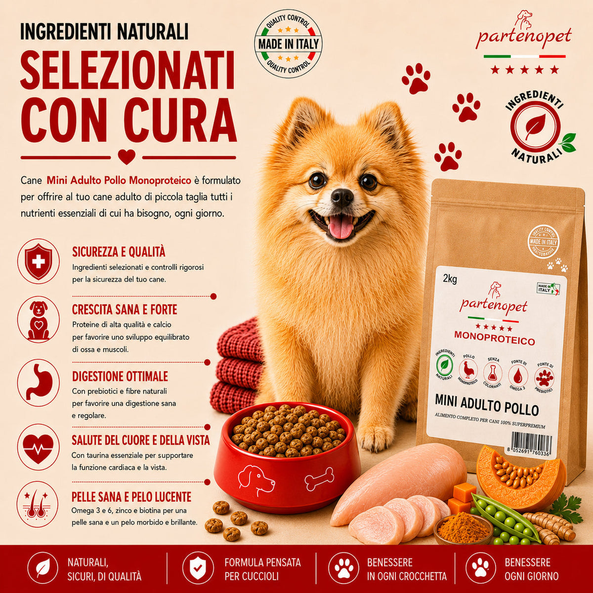 Crocchette Partenopet Adult Mini Pollo e Zucca 2 kg pressate a freddo per cani di piccola taglia