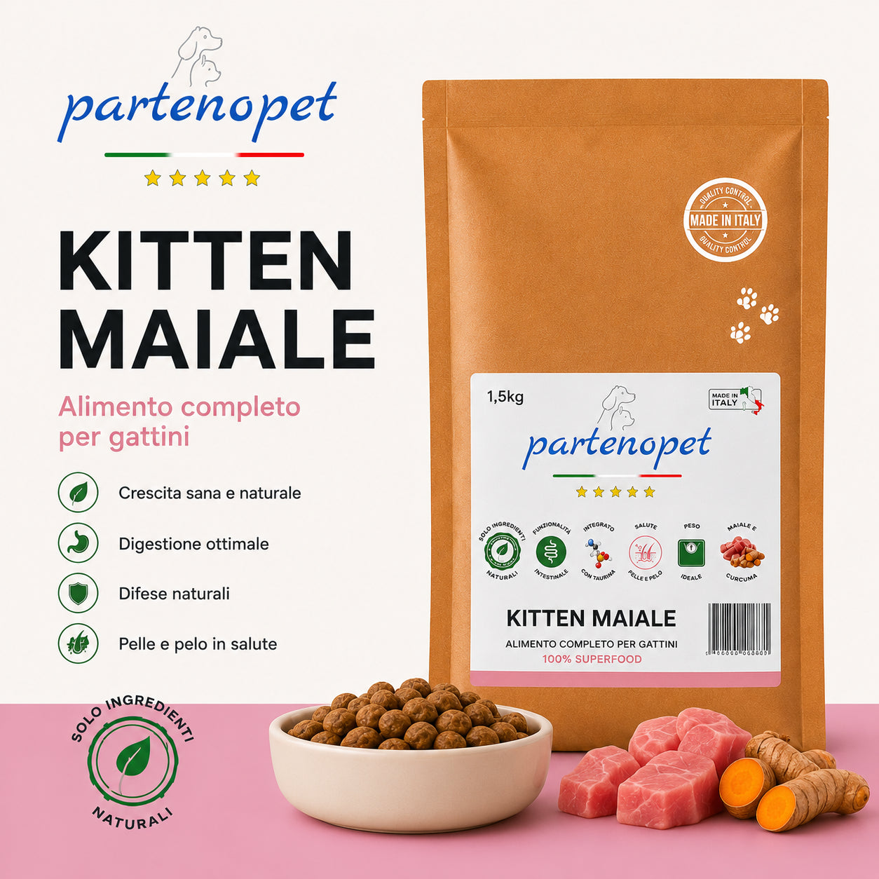 Partenopet Cat Kitten Maiale Crocchette per Gatti Cuccioli pressate a freddo 1,5 kg - Partenopet