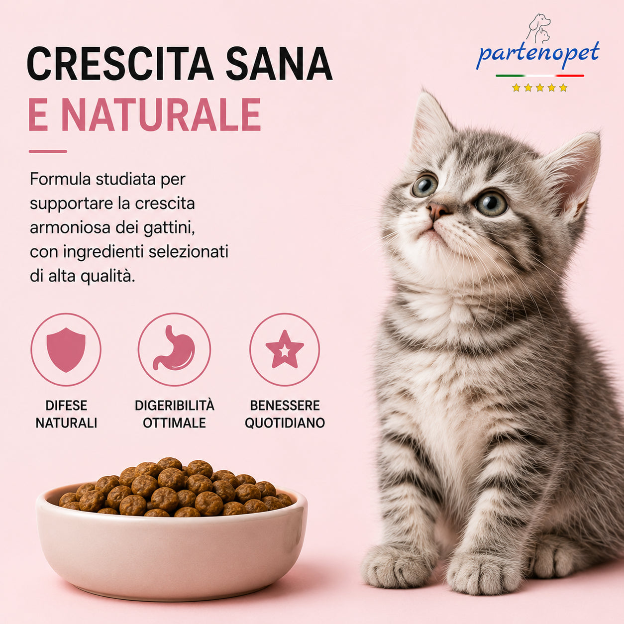 Partenopet Cat Kitten Maiale Crocchette per Gatti Cuccioli pressate a freddo 1,5 kg - Partenopet