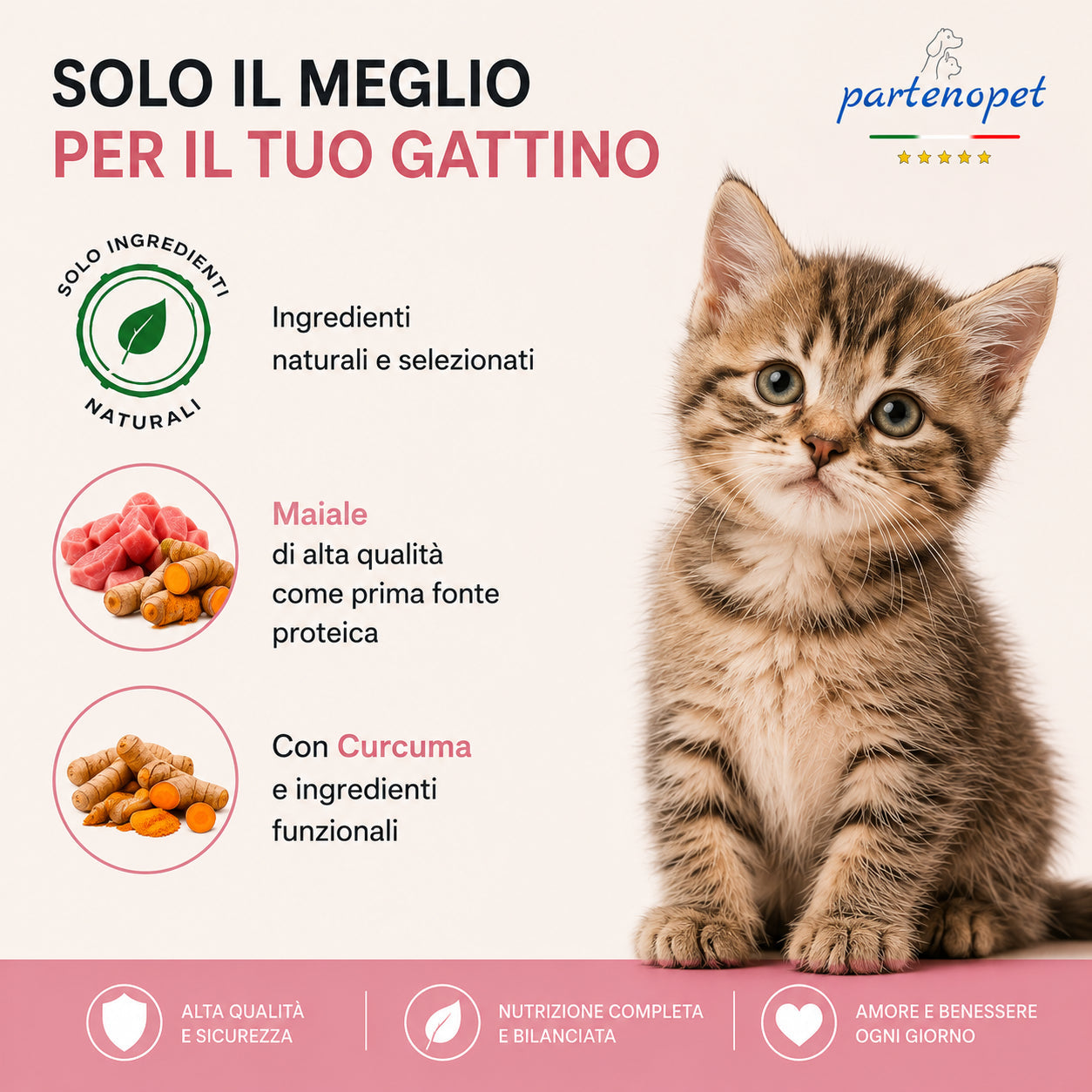 Partenopet Cat Kitten Maiale Crocchette per Gatti Cuccioli pressate a freddo 1,5 kg - Partenopet