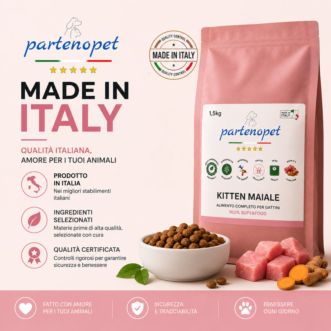 Partenopet Cat Kitten Maiale Crocchette per Gatti Cuccioli pressate a freddo 1,5 kg - Partenopet