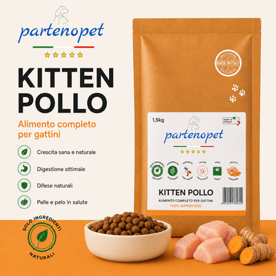 Busta di crocchette al pollo per gatti cuccioli pressate a freddo senza conservanti e coloranti marca Partenopet da 1,5 kg