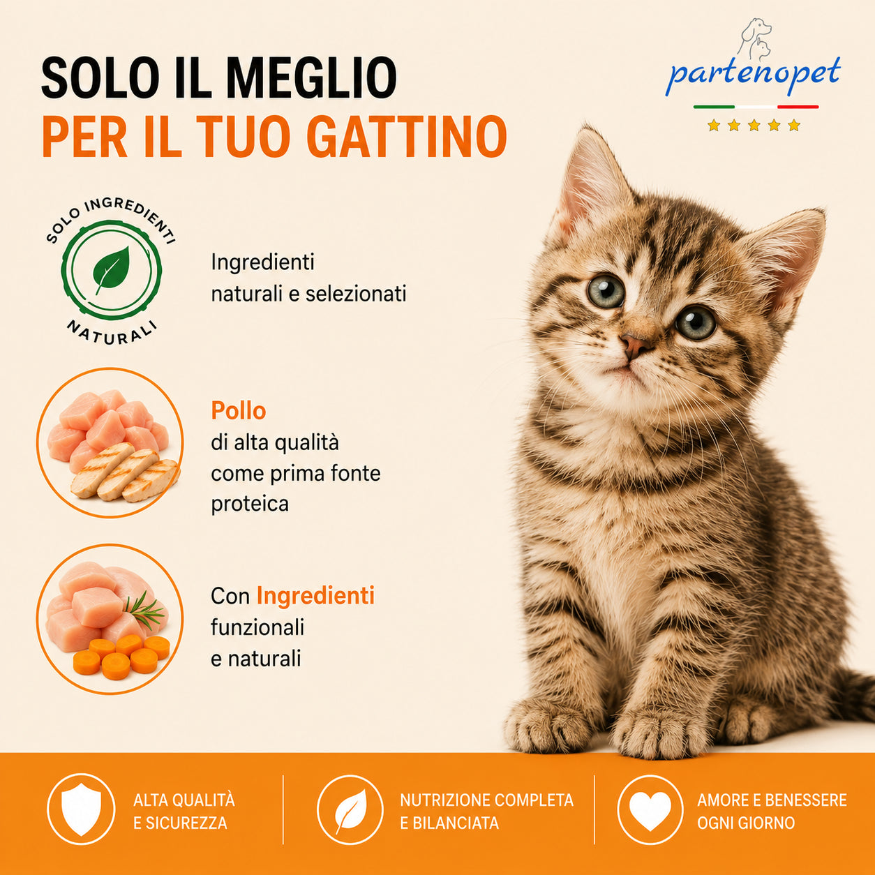 Busta di crocchette al pollo per gatti cuccioli pressate a freddo senza conservanti e coloranti marca Partenopet da 1,5 kg