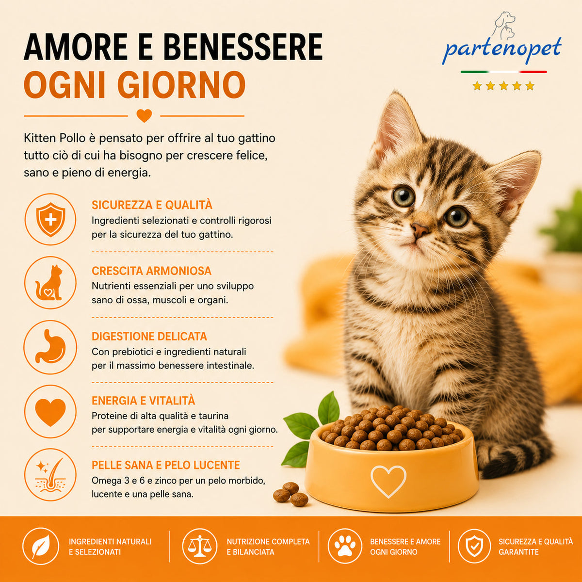 Busta di crocchette al pollo per gatti cuccioli pressate a freddo senza conservanti e coloranti marca Partenopet da 1,5 kg