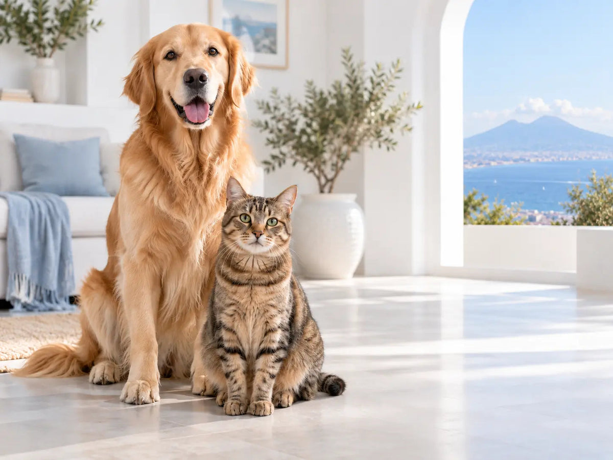 Cane e gatto in un ambiente domestico luminoso affacciato sul Golfo di Napoli e il Vesuvio