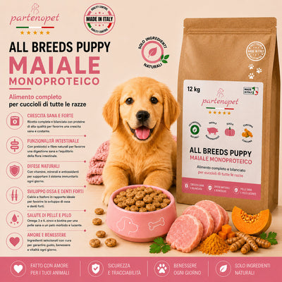Sacco scorta 12kg crocchette Partenopet Puppy al Maiale, alimento monoproteico naturale per cuccioli pressato a freddo, prodotto in Italia con condroprotettori e zucca.