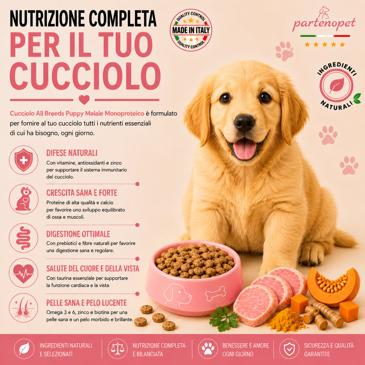 Sacco scorta 12kg crocchette Partenopet Puppy al Maiale, alimento monoproteico naturale per cuccioli pressato a freddo, prodotto in Italia con condroprotettori e zucca.