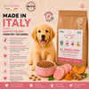 Sacco scorta 12kg crocchette Partenopet Puppy al Maiale, alimento monoproteico naturale per cuccioli pressato a freddo, prodotto in Italia con condroprotettori e zucca.