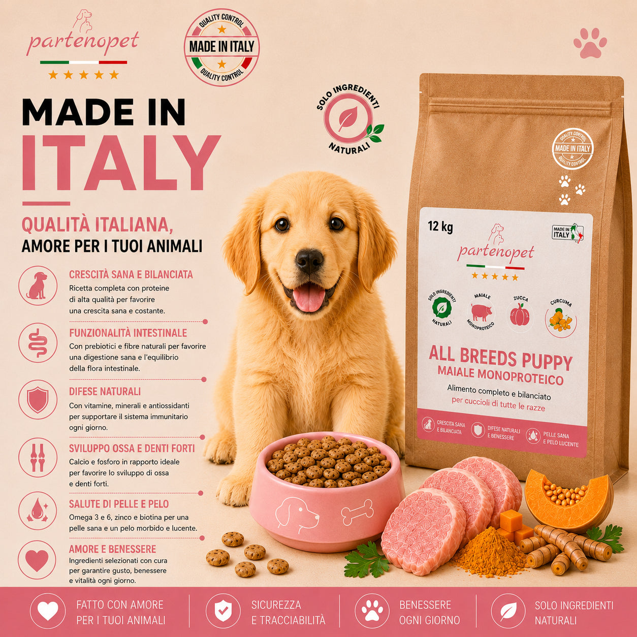 Sacco scorta 12kg crocchette Partenopet Puppy al Maiale, alimento monoproteico naturale per cuccioli pressato a freddo, prodotto in Italia con condroprotettori e zucca.