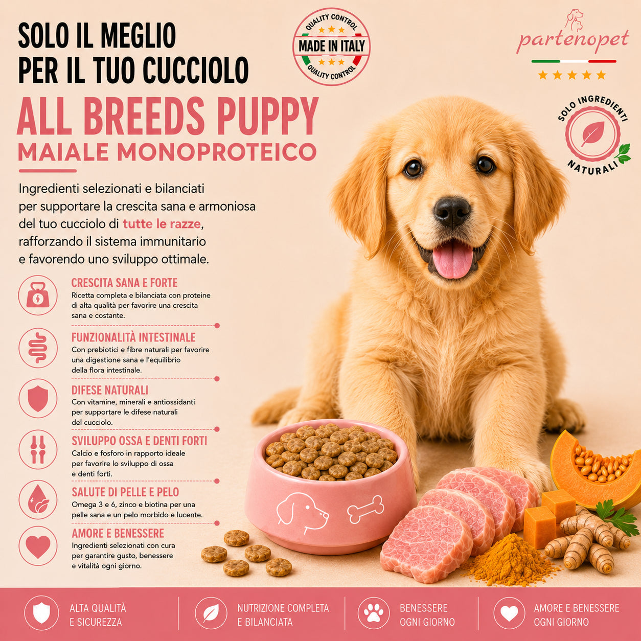 Sacco scorta 12kg crocchette Partenopet Puppy al Maiale, alimento monoproteico naturale per cuccioli pressato a freddo, prodotto in Italia con condroprotettori e zucca.
