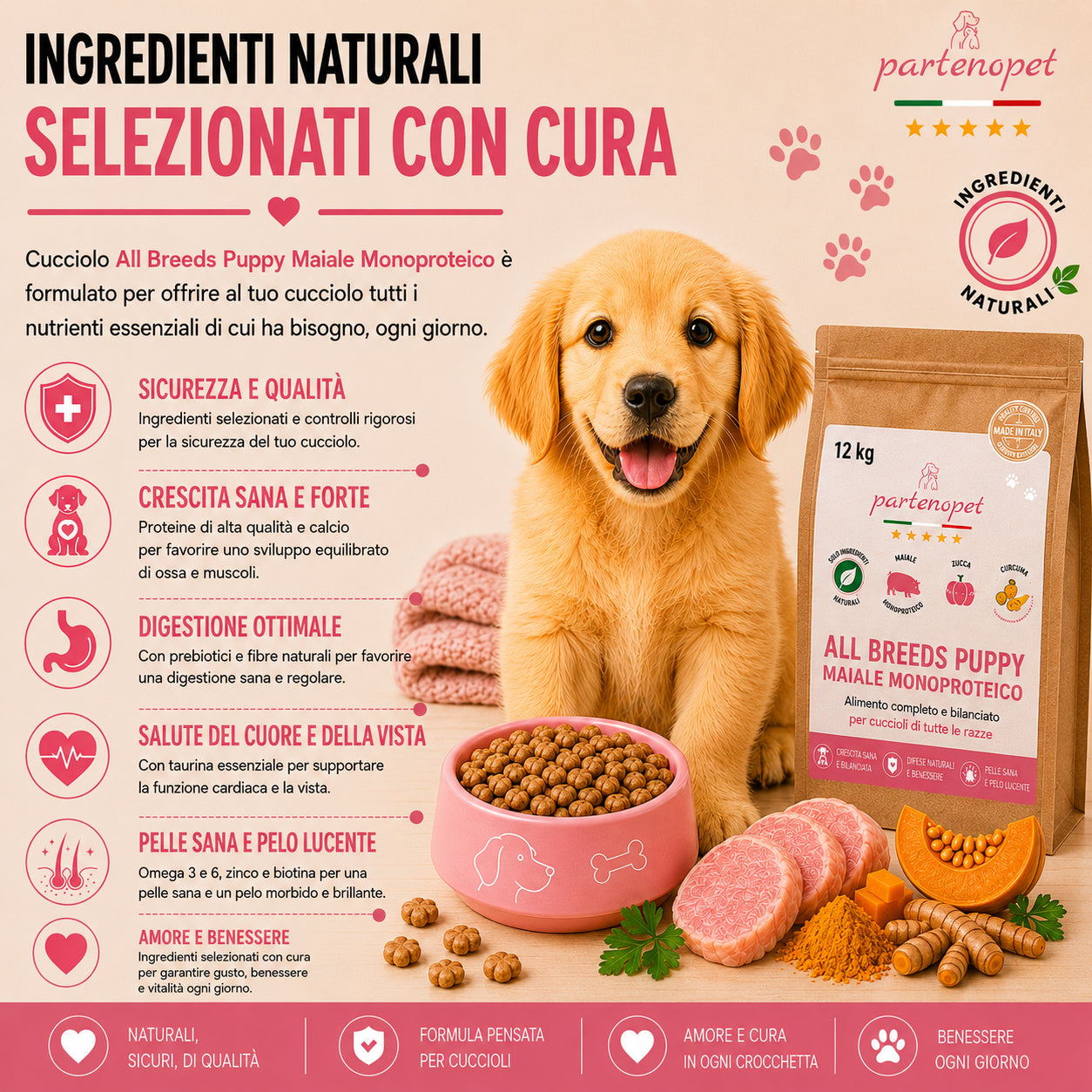 Sacco scorta 12kg crocchette Partenopet Puppy al Maiale, alimento monoproteico naturale per cuccioli pressato a freddo, prodotto in Italia con condroprotettori e zucca.
