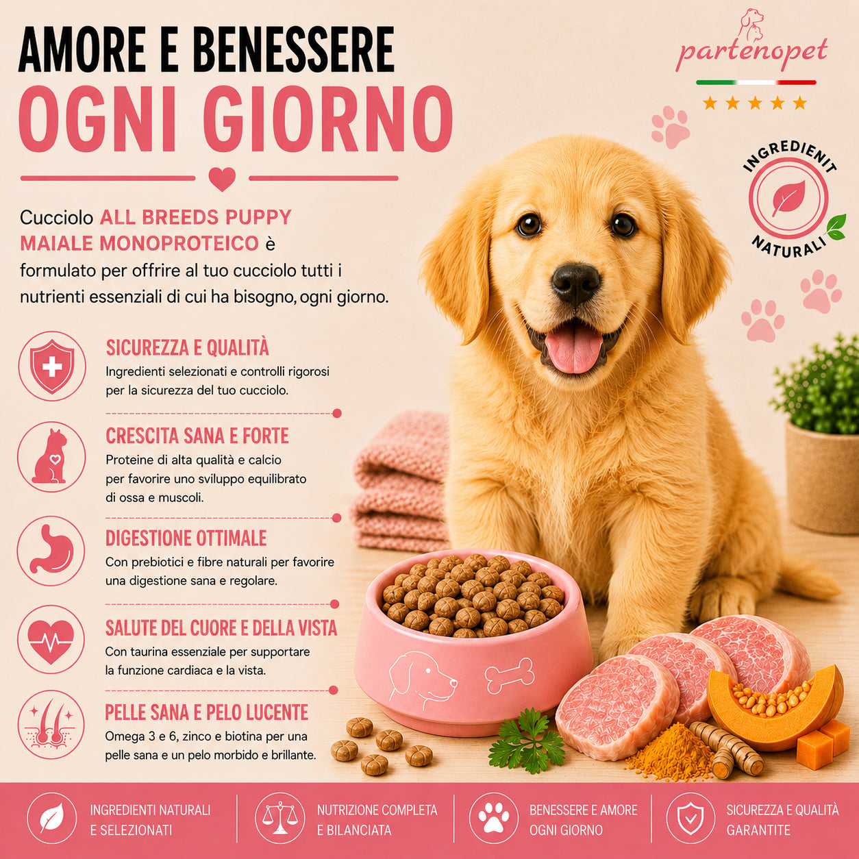 Sacco scorta 12kg crocchette Partenopet Puppy al Maiale, alimento monoproteico naturale per cuccioli pressato a freddo, prodotto in Italia con condroprotettori e zucca.