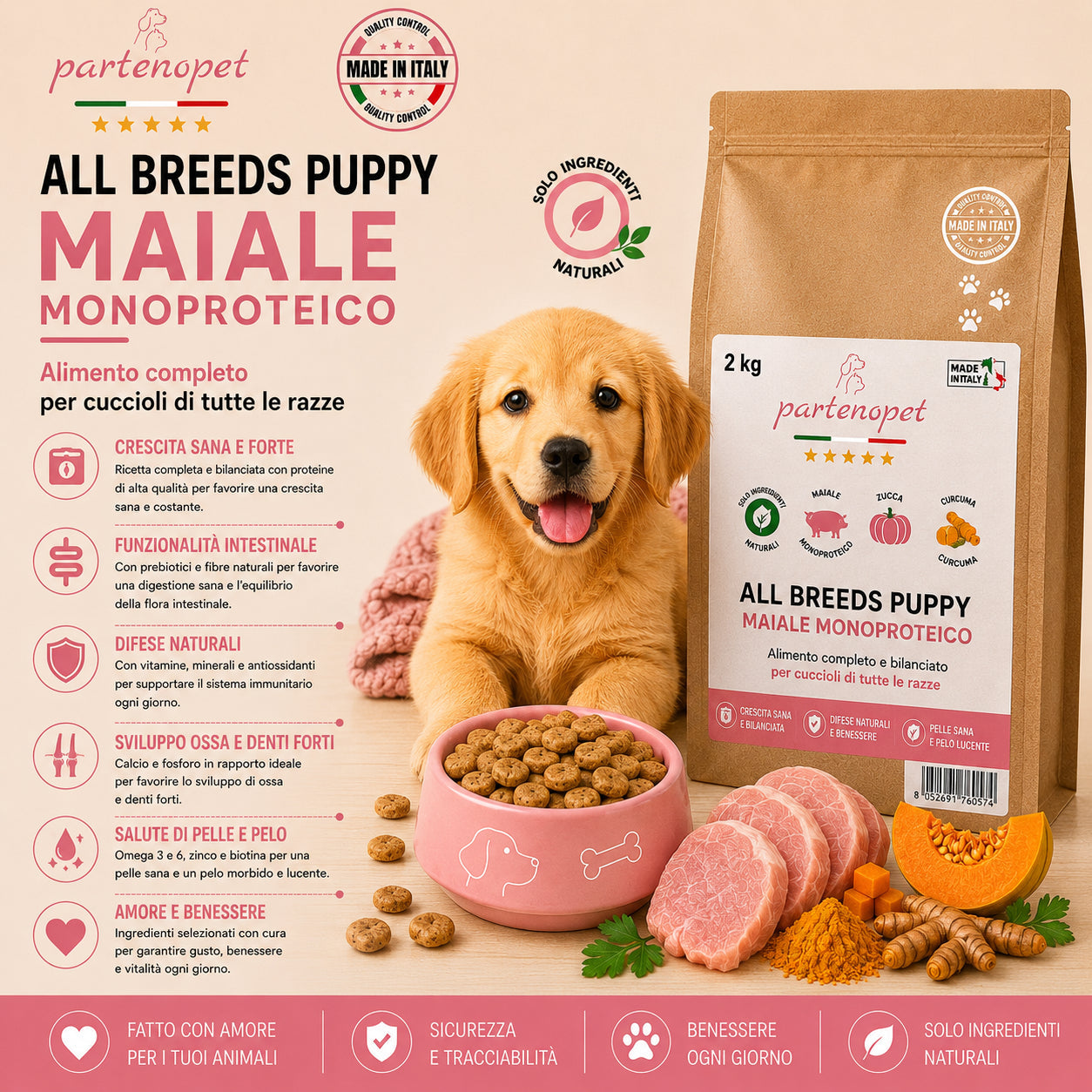 Sacco da 2kg di crocchette Partenopet Puppy al Maiale per cuccioli, alimento monoproteico naturale pressato a freddo prodotto in Italia, con condroprotettori per le articolazioni.