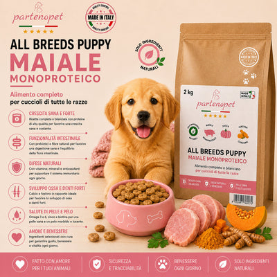 Sacco da 2kg di crocchette Partenopet Puppy al Maiale per cuccioli, alimento monoproteico naturale pressato a freddo prodotto in Italia, con condroprotettori per le articolazioni.