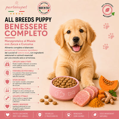 Sacco da 2kg di crocchette Partenopet Puppy al Maiale per cuccioli, alimento monoproteico naturale pressato a freddo prodotto in Italia, con condroprotettori per le articolazioni.