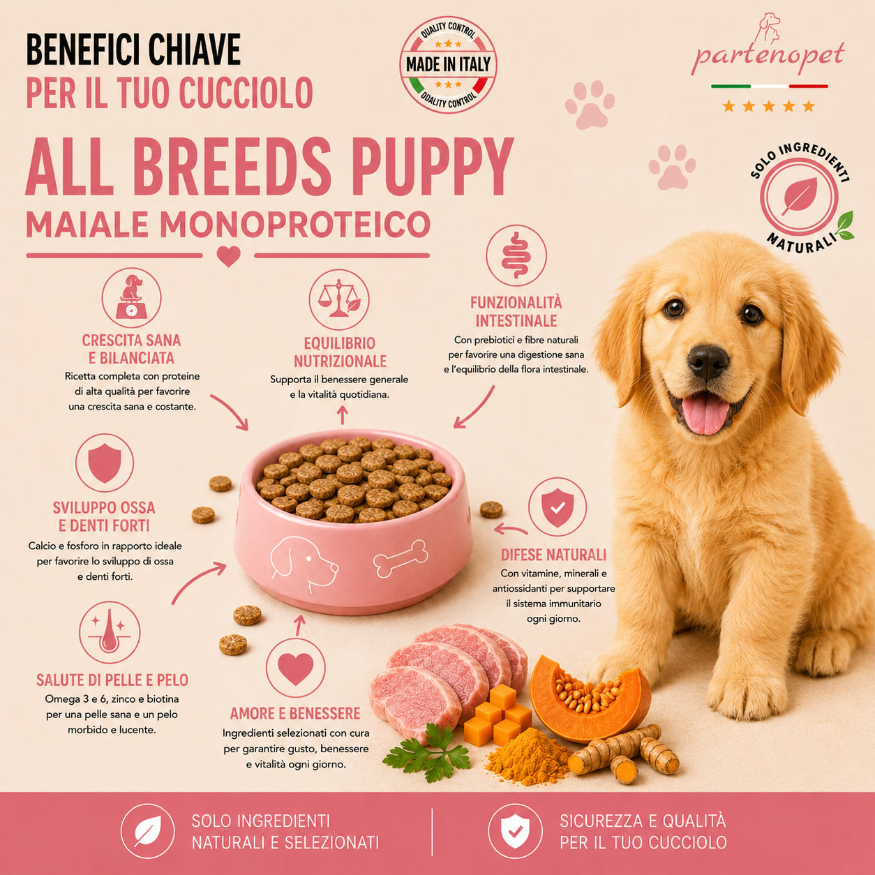 Sacco da 2kg di crocchette Partenopet Puppy al Maiale per cuccioli, alimento monoproteico naturale pressato a freddo prodotto in Italia, con condroprotettori per le articolazioni.