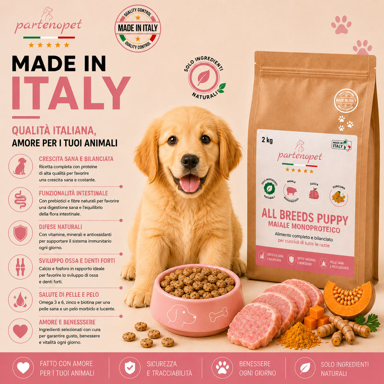 Sacco da 2kg di crocchette Partenopet Puppy al Maiale per cuccioli, alimento monoproteico naturale pressato a freddo prodotto in Italia, con condroprotettori per le articolazioni.