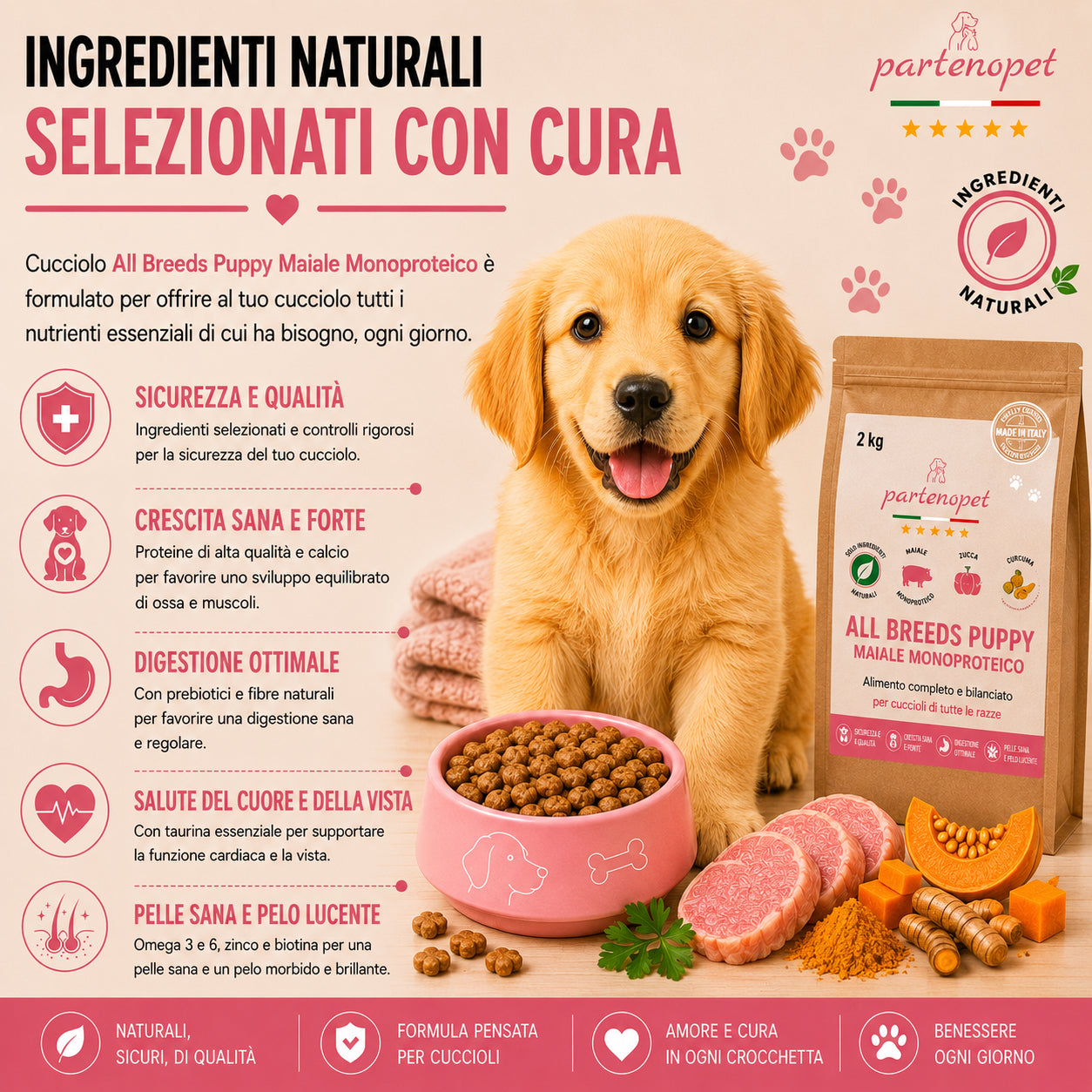 Sacco da 2kg di crocchette Partenopet Puppy al Maiale per cuccioli, alimento monoproteico naturale pressato a freddo prodotto in Italia, con condroprotettori per le articolazioni.