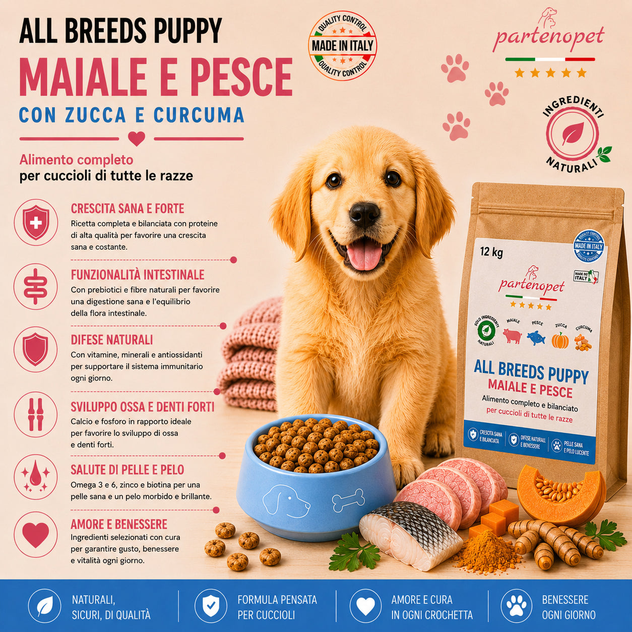 Sacco scorta 12kg crocchette Partenopet Puppy Maiale e Pesce per cuccioli, alimento naturale pressato a freddo prodotto in Italia, con glucosamina e condroitina per lo sviluppo delle articolazioni.