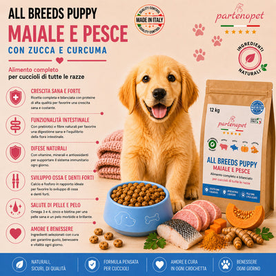 Sacco scorta 12kg crocchette Partenopet Puppy Maiale e Pesce per cuccioli, alimento naturale pressato a freddo prodotto in Italia, con glucosamina e condroitina per lo sviluppo delle articolazioni.
