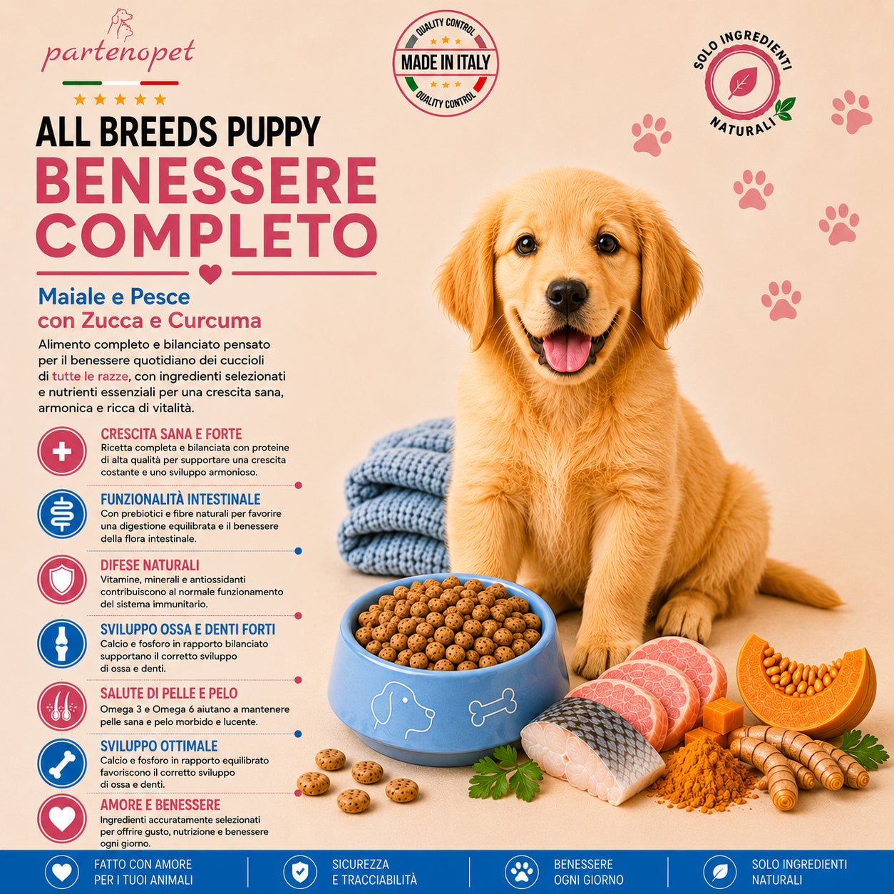 Sacco scorta 12kg crocchette Partenopet Puppy Maiale e Pesce per cuccioli, alimento naturale pressato a freddo prodotto in Italia, con glucosamina e condroitina per lo sviluppo delle articolazioni.