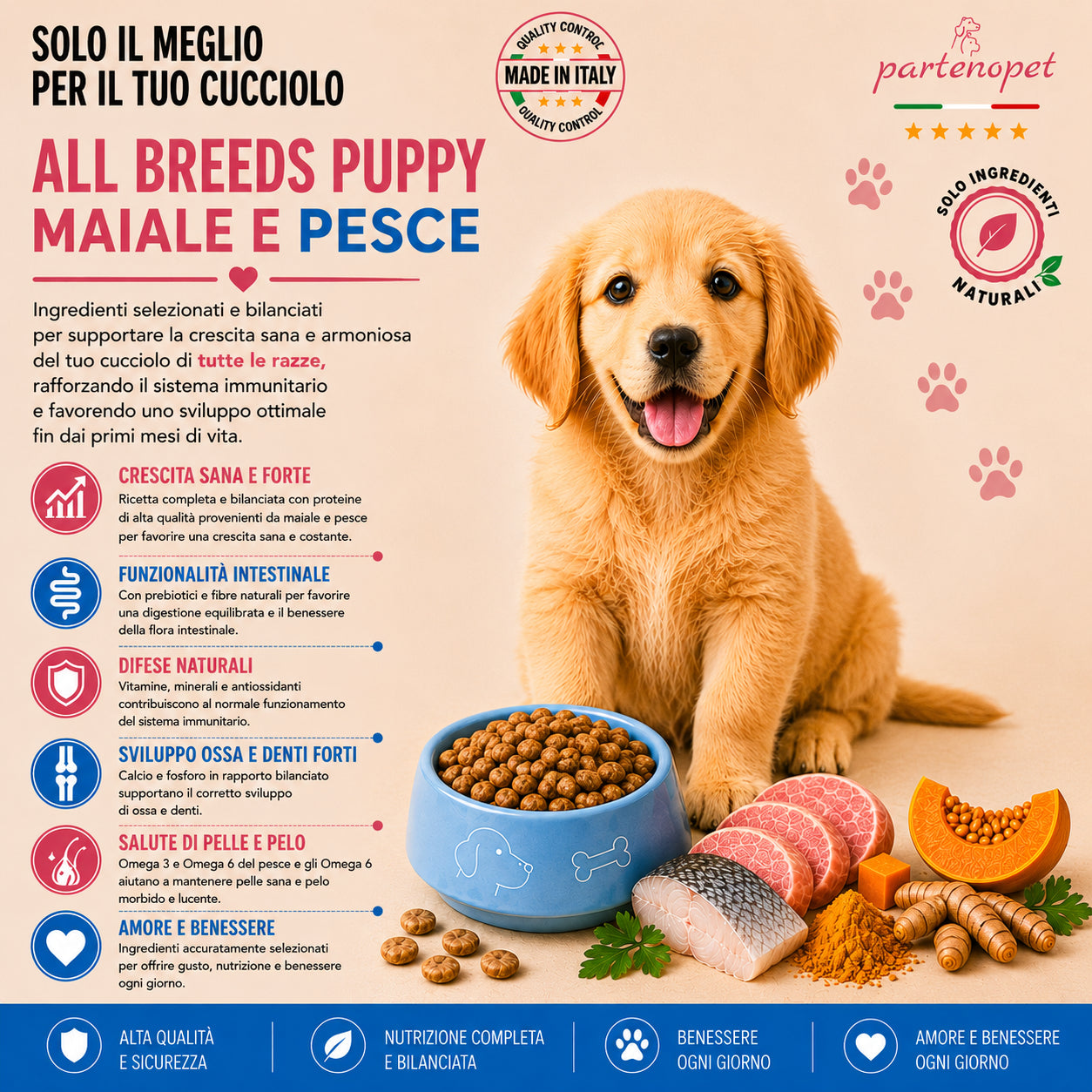 Sacco scorta 12kg crocchette Partenopet Puppy Maiale e Pesce per cuccioli, alimento naturale pressato a freddo prodotto in Italia, con glucosamina e condroitina per lo sviluppo delle articolazioni.
