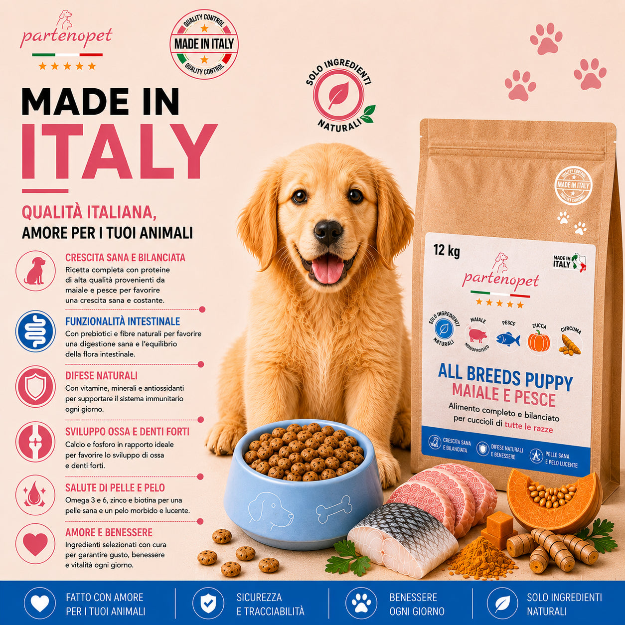 Sacco scorta 12kg crocchette Partenopet Puppy Maiale e Pesce per cuccioli, alimento naturale pressato a freddo prodotto in Italia, con glucosamina e condroitina per lo sviluppo delle articolazioni.