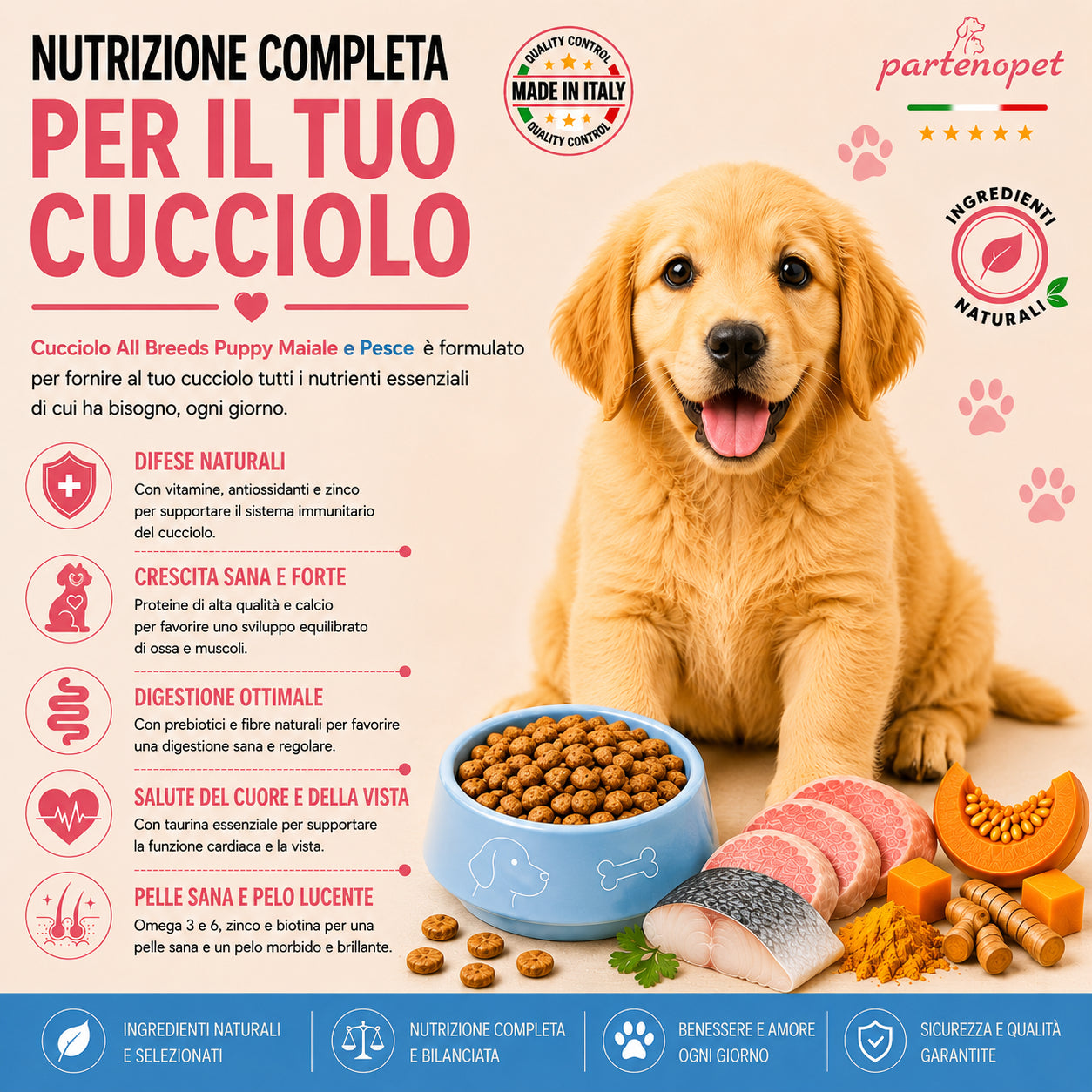 Sacco scorta 12kg crocchette Partenopet Puppy Maiale e Pesce per cuccioli, alimento naturale pressato a freddo prodotto in Italia, con glucosamina e condroitina per lo sviluppo delle articolazioni.