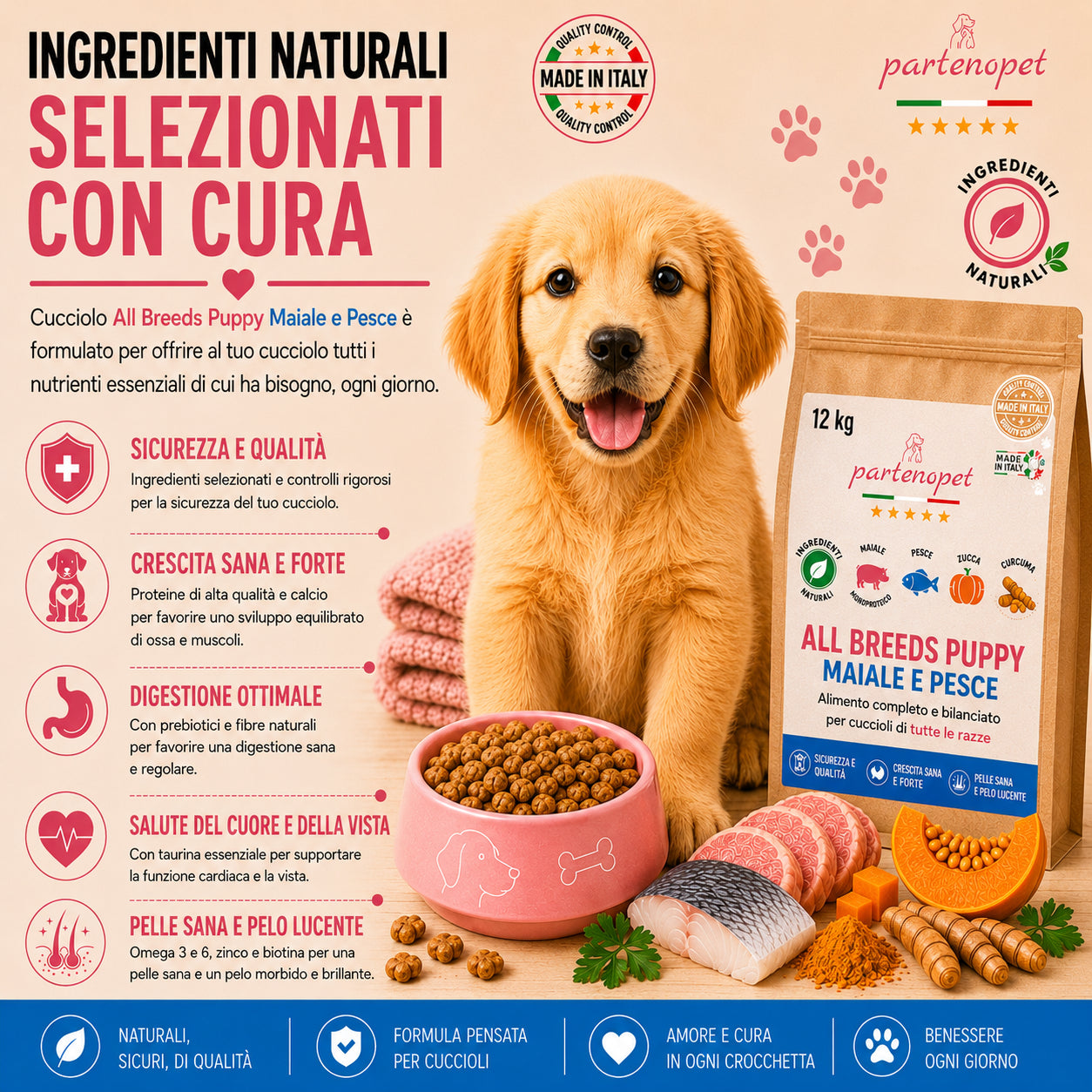 Sacco scorta 12kg crocchette Partenopet Puppy Maiale e Pesce per cuccioli, alimento naturale pressato a freddo prodotto in Italia, con glucosamina e condroitina per lo sviluppo delle articolazioni.