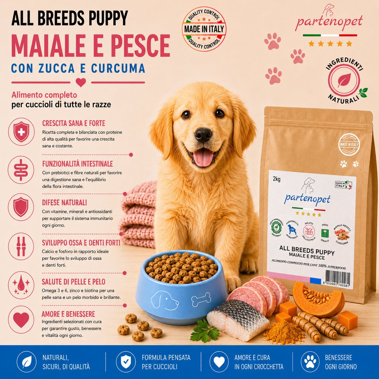 Sacco da 2kg di crocchette Partenopet Puppy Maiale e Pesce per cuccioli, alimento naturale pressato a freddo prodotto in Italia, con glucosamina e condroitina per le articolazioni.