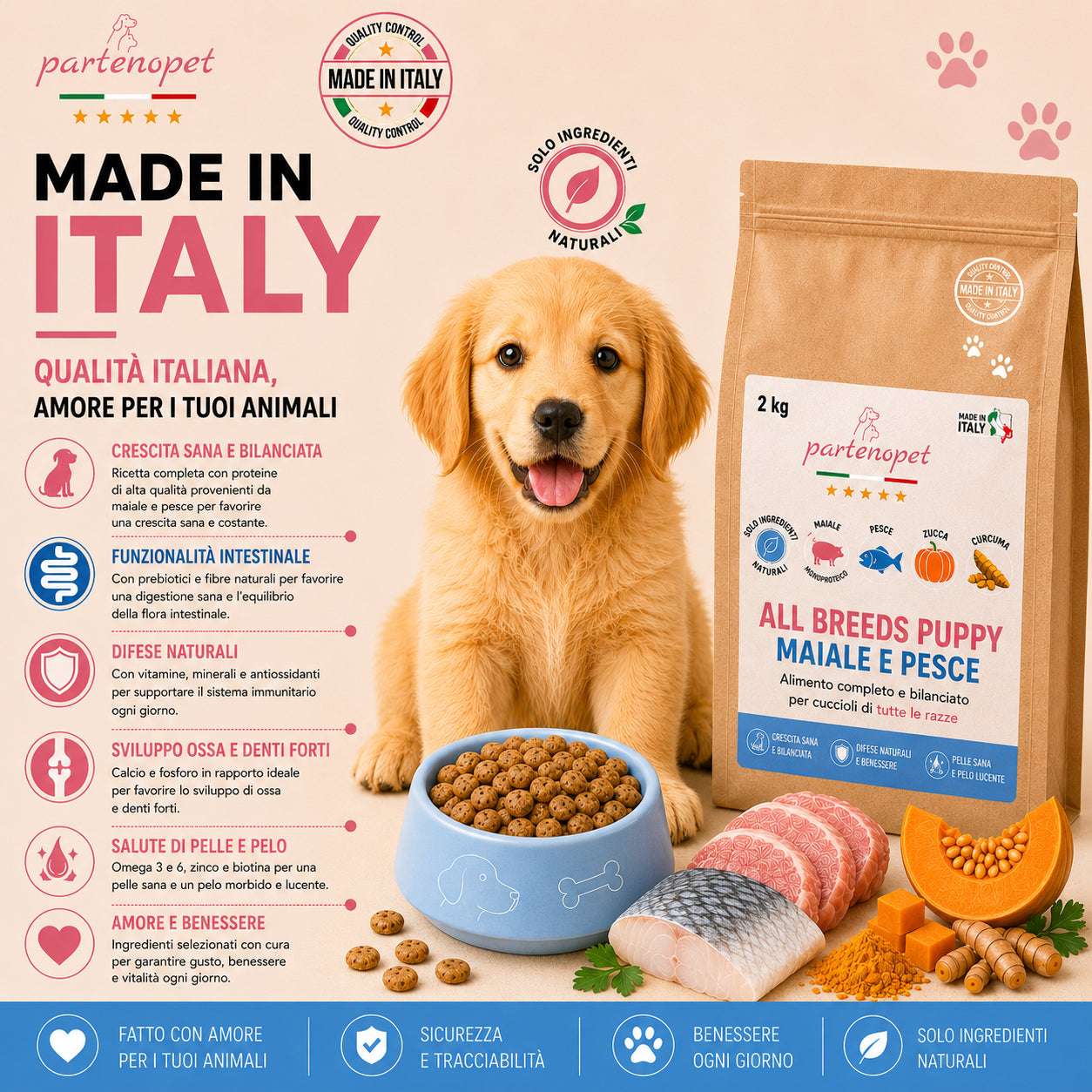 Sacco da 2kg di crocchette Partenopet Puppy Maiale e Pesce per cuccioli, alimento naturale pressato a freddo prodotto in Italia, con glucosamina e condroitina per le articolazioni.