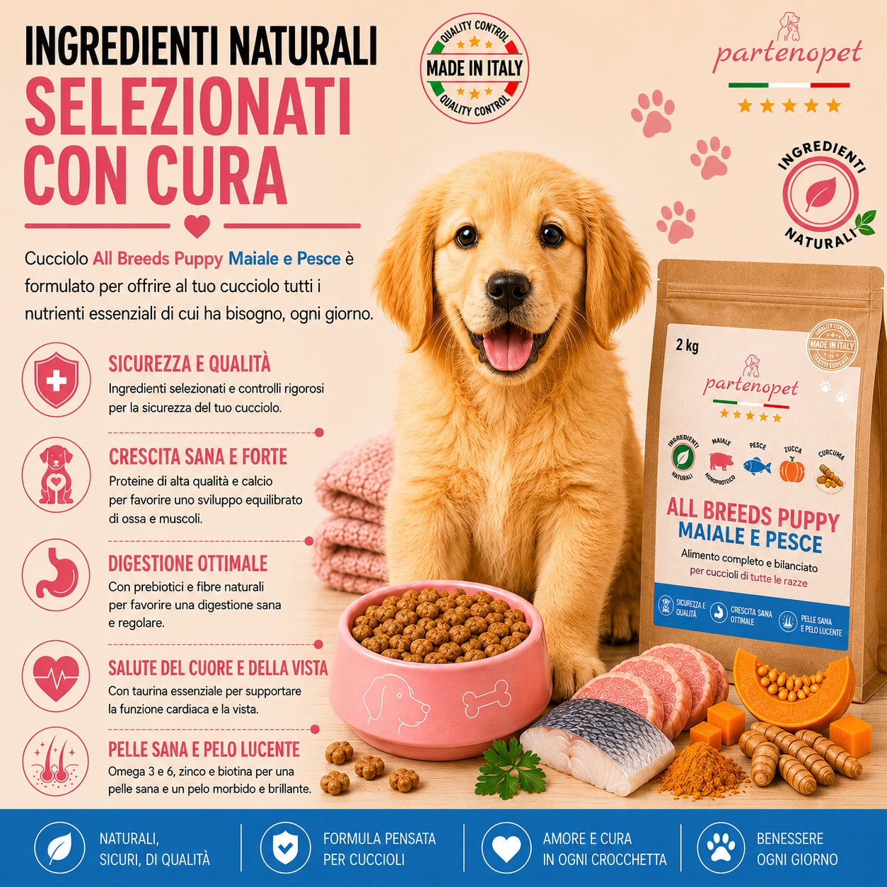 Sacco da 2kg di crocchette Partenopet Puppy Maiale e Pesce per cuccioli, alimento naturale pressato a freddo prodotto in Italia, con glucosamina e condroitina per le articolazioni.