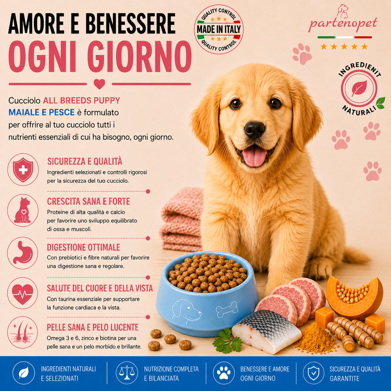 Sacco da 2kg di crocchette Partenopet Puppy Maiale e Pesce per cuccioli, alimento naturale pressato a freddo prodotto in Italia, con glucosamina e condroitina per le articolazioni.