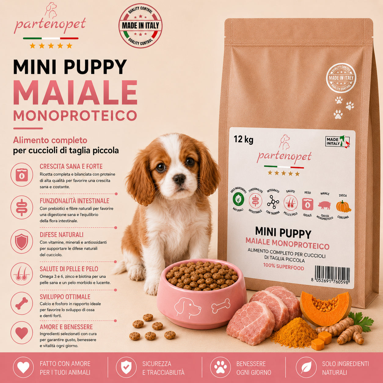 Sacco scorta 12kg crocchette Partenopet Puppy Mini al Maiale per cuccioli di piccola taglia, alimento monoproteico naturale pressato a freddo, Made in Italy con zucca e curcuma.