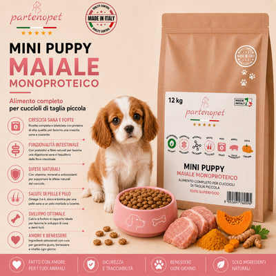 Sacco scorta 12kg crocchette Partenopet Puppy Mini al Maiale per cuccioli di piccola taglia, alimento monoproteico naturale pressato a freddo, Made in Italy con zucca e curcuma.