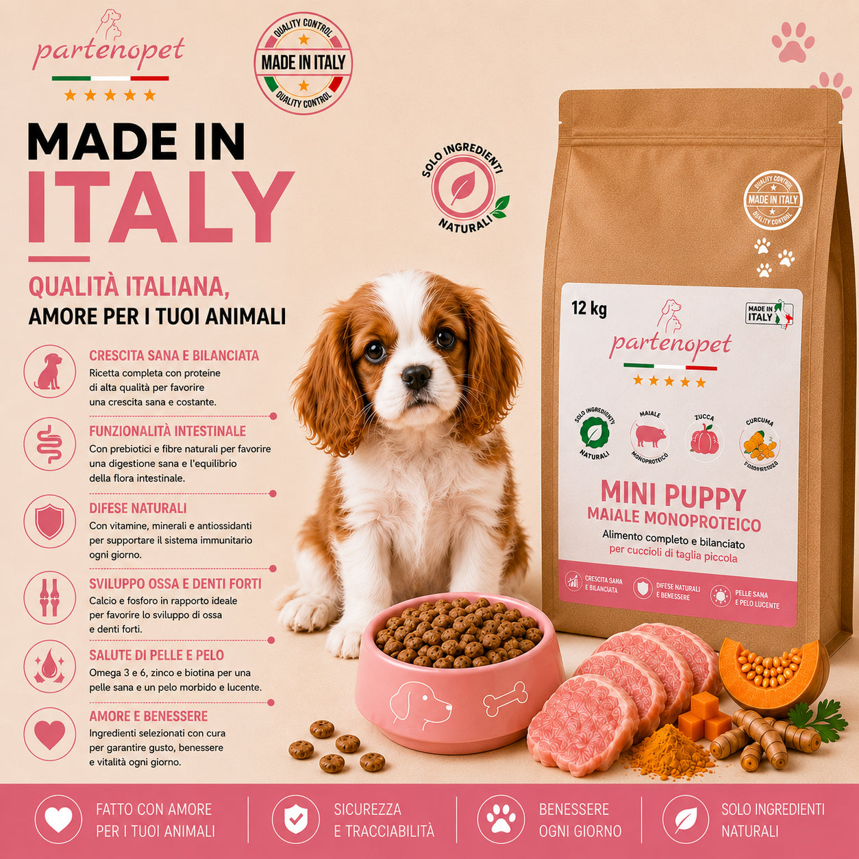 Sacco scorta 12kg crocchette Partenopet Puppy Mini al Maiale per cuccioli di piccola taglia, alimento monoproteico naturale pressato a freddo, Made in Italy con zucca e curcuma.