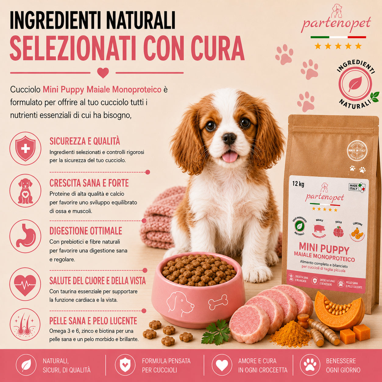 Sacco scorta 12kg crocchette Partenopet Puppy Mini al Maiale per cuccioli di piccola taglia, alimento monoproteico naturale pressato a freddo, Made in Italy con zucca e curcuma.